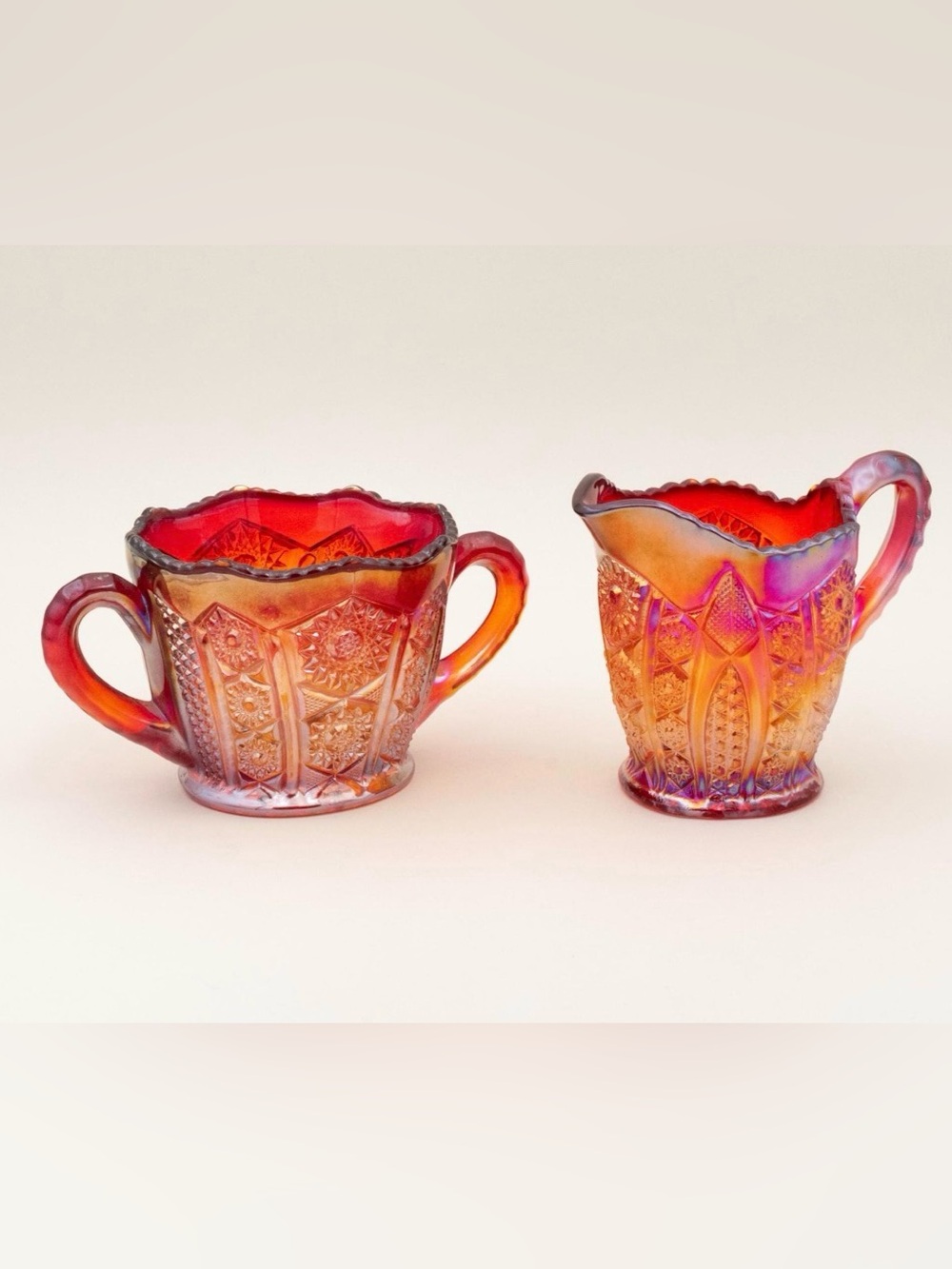 *GLOWS* Vintage Indiana Heirloom Sunset Carnival Glass Creamer & Sugar Set